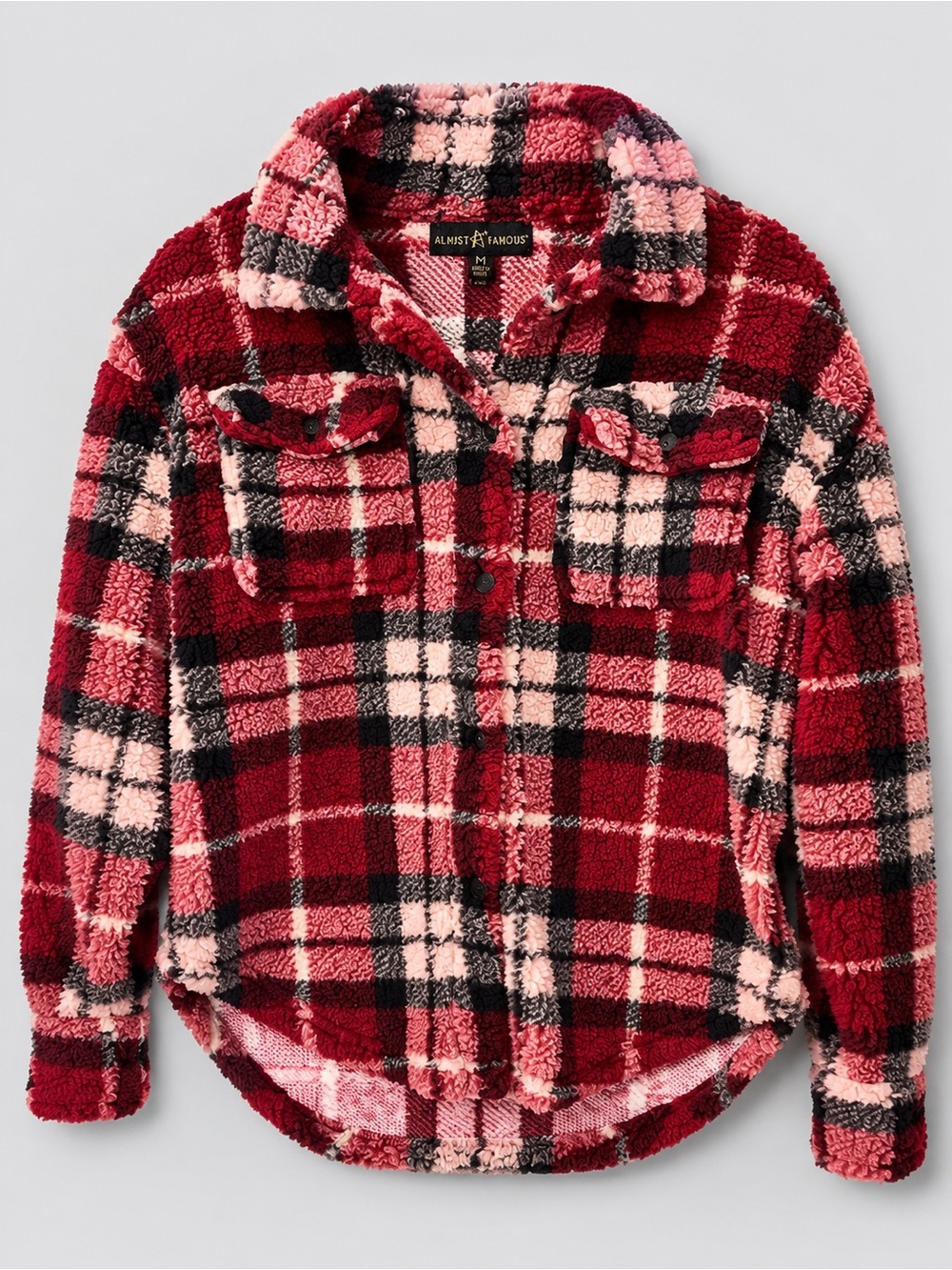 Almost Famous Plaid Sherpa Shacket Jacket Women’s M Pink Red Cozy